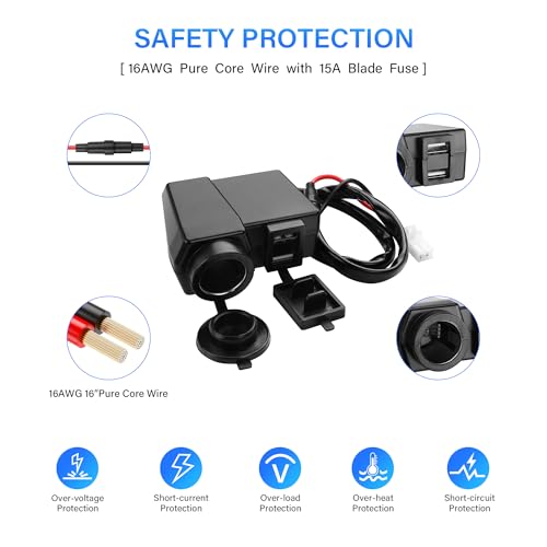 12V Motorcycle Dual USB Charger, Car Charger Power Outlet Waterproof Adapter with Cigarette Lighter Socket and Voltmeter for Phones/Tablets/GPS