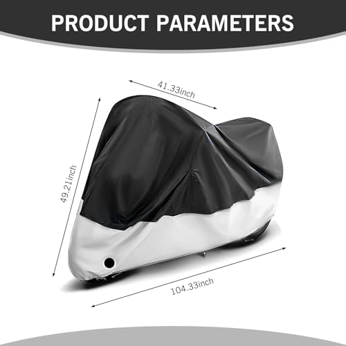 1 PC 190 T Car Cover, 104.33" x 49.21" x 41.33" Indoor and Outdoor Rain Cover with Wind Buckle, Motorcycle Body Dust Cover with Locking Hole, Universal for Most Motorcycles (Black & Silver)