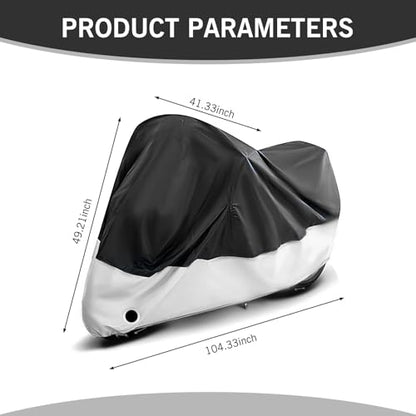 1 PC 190 T Car Cover, 104.33" x 49.21" x 41.33" Indoor and Outdoor Rain Cover with Wind Buckle, Motorcycle Body Dust Cover with Locking Hole, Universal for Most Motorcycles (Black & Silver)