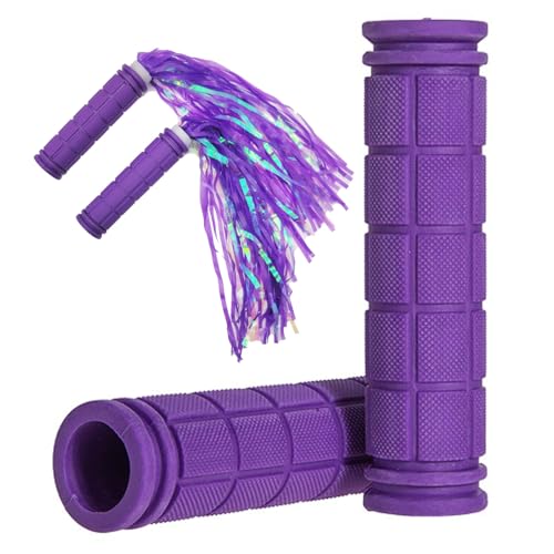Bike Handle Grips with Tassel Streamers for Girls Boys and Kids, Non-Slip Bicycle Handlebar Grips Cover for Mountain Bike, Scooters Road Bike BMX MTB Cycling Replacement Parts - color: Purple & Streamers