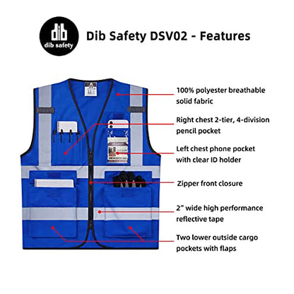 Dib Safety Reflective Safety Vest for Men Women, High Visibility Vest with Pockets and Zipper, ANSI Class 2 - color: Blue, size: Small