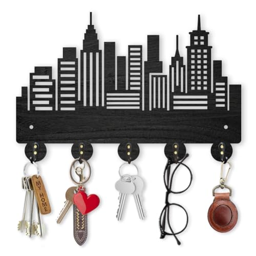 MAYJOYDIY Wood City Skyscraper Coat Rack Wall Mount 11.8×7.9inch Modern City Building Key Holder for Wall 5 Alloy Hooks Wall Art Decor Black Hook Rack for Office Entryway Living Room Gift - color: City