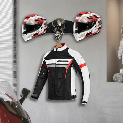 Metal Helmet Wall Mount for 2 Full Face Helmets, Garage Organizer & Gear Rack with Removable Skull Art, Ideal Gift for Father’s Day