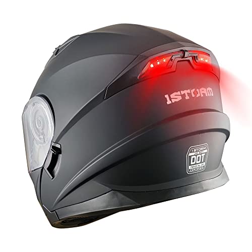 1Storm New Motorcycle Bike Modular Full Face Helmet Dual Visor Sun Shield with Rechargeable LED Tail Light: Matt Black - color: Matte Black, size: X-Large