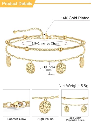 U7 Silver/Gold Ankle Bracelets for Women Layered Chain Anklets Stainless Steel Waterproof Summer Beach Anklet Cham, Adjustable 8.5"-10.5" - color: Gold - Ball Chain+Paperclip Chain