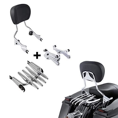 XFMT Detachable Sissy Bar Passenger Backrest Pad W/Stealth Luggage Rack & 4-Point Docking Hardware Kits Fit For Harley Touring Road King Street Glide Road Glide Electra Glide 2014-Later, Chrome - color: Chrome Stealth Luggage Rack, size: For Harley Tourin