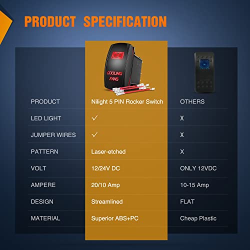 Nilight Cooling Fans Rocker Switch Led Light Bar 5Pin Laser On Off SPST 20A/12V 10A/24V Red with Jumper Wires Set for Cars Trucks RVs - color: Red, size: COOLING FANS