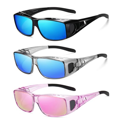 Wzerry Sunglasses Fit Over Glasses Polarized for Men Women, Wrap-Around Glasses UV400 Protection for Driving and Outdoor - color: Black/Blue + Transparent Grey/Blue + Transparent Purple/Pink