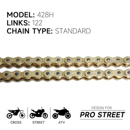 428H Motorcycle Chain 122 Links, Heavy Duty Reinforced Drive Chain, Rust-Resistant, Pre-Oiled, Standard Non O-Ring, Includes 4Pcs Master Links & Chain Breaker Tool - size: 428H-122L Chain Breaker Set