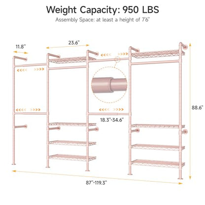 ONBRILL H4 Wall Mounted Closet System, Expandable Industrial Pipe Clothes Rack Clothing Rack for Hanging Clothes, Heavy Duty Closet Organizers and Storage in Wardrobe Closet - color: Pink