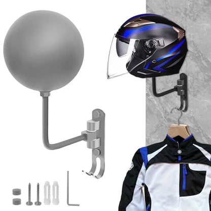 Motorcycle Helmet Rack, Helmet Holder Wall Mount 180° Rotation Hanger with 2 Hook for Coats, Caps, Motorcycle Accessories (Grey, 1 PCS)