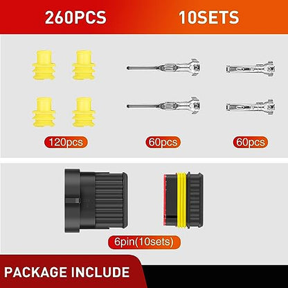 Nilight 260PCS 6 Pin Electrical Connector ‎Plug Male Female Terminal Wire Waterproof Connectors 6 Way Automotive Connect Set for Car Truck Motorcycle Marine Boat 10 Sets - size: 6Pin Connector 200Pcs