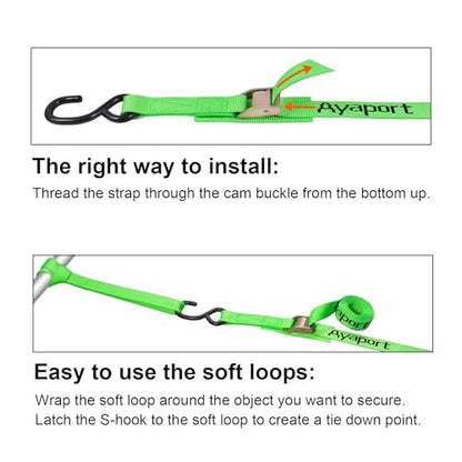 Ayaport Cam Buckle Tie Down Straps 6 feet 2200lbs Break Strength Green Securing Straps with S Hooks for Motorcycle, Kayak, Car, Truck, Dirt Bike - size: Cam Buckle-1"x6\' green