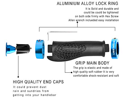 TOPCABIN Ergonomic Bike Grips - Widen Holding Rubber Grips with Aluminum LockGrips for Mountain & Road Bikes - color: (Aluminum Lock Plug+grips) Light blue 1 Pair
