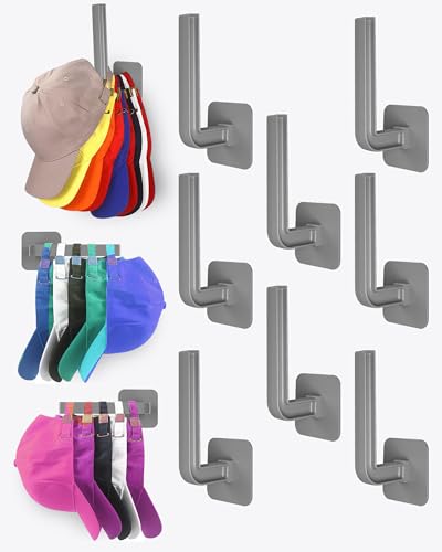 Hat Rack for Hat Storage(8-Pack), Multi-Purpose Hat Organizer, Strong Adhesive Hat Hooks for Wall, Hat Organizer for Baseball Caps, Two Mounting Options Hat Hook, Gray - color: Gray, style: 8-pack