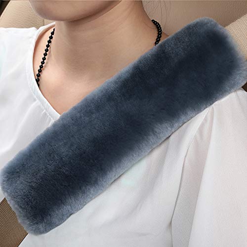 OGLAND Genuine Sheepskin Car Seat Belt Cover Pad-Soft Fuzzy Fluffy Seatbelt Covers-Comfy Shoulder Pad Neck Cushion Protector for Woman, Man, Girl Car Accessories (1Pcs/Blue Gray) - color: Blue Grey