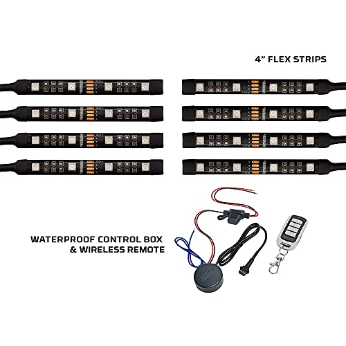 LEDGlow 8pc Advanced Million Color Mini LED Motorcycle Accent Underlow Light Kit - 15 Solid Colors - 6 Patterns - 4" Multi-Color Flexible Strips - Includes Waterproof Control Box & Wireless Remote