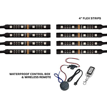 LEDGlow 8pc Advanced Million Color Mini LED Motorcycle Accent Underlow Light Kit - 15 Solid Colors - 6 Patterns - 4" Multi-Color Flexible Strips - Includes Waterproof Control Box & Wireless Remote