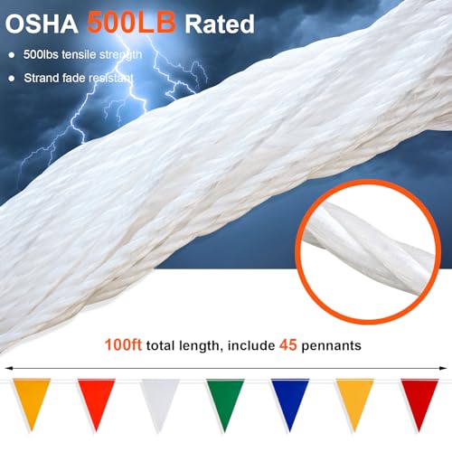 Safety Banner Flags, Perimeter Warning Flag Line, For Flagging Construction/Traffic Barrier/Parking Lot/Rooftop/Party & Special Events Multicolor 7" X 10" Pennants On 50' String - color: 50 FT
