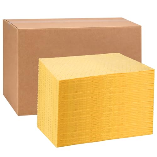 Hoolerry 100 Pcs Oil Absorbent Pads Bulk Heavy Weight Dimpled Garage Absorbing Pad Water Absorbent Mat Trimmable Oil Spill Mat for Garage Floor Workshop Auto Fluid Cleanup (15 x 19.7 Inch,Yellow) - color: Yellow, size: 15 x 19.7 Inch