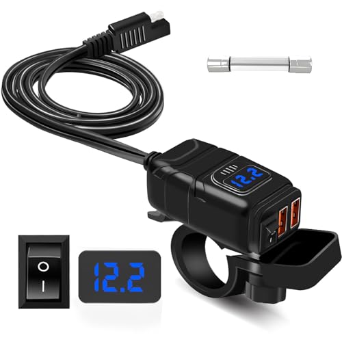 Motorcycle Phone Charger,Dual USB 6.8A Quick Charge 3.0 Motorcycle Charger Adapat with Voltmeter & ON/Off Switch, Waterproof SAE to USB Adapter for Phone, Tablet, GPS (Blue) - color: Blue