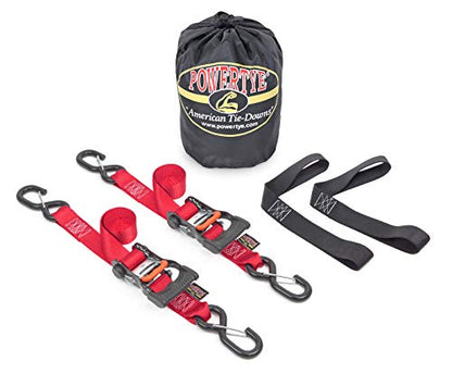 PowerTye 1.5in x 6ft Ergonomic Ratchet Tie-Down Kit w/Latching Hooks, Soft-Tyes, and Storage Bag - Made in USA - 1,000 lb. WLL / 3,000 lb. Breaking Strength - Red (Kit) - color: Red
