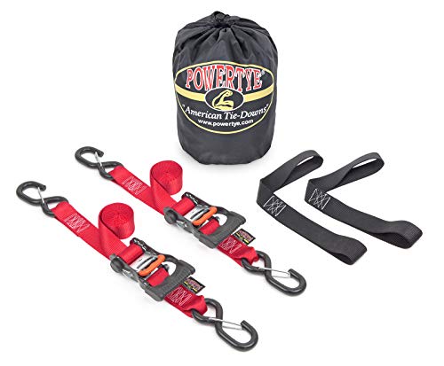 PowerTye 1.5in x 6ft Ergonomic Ratchet Tie-Down Kit w/Latching Hooks, Soft-Tyes, and Storage Bag - Made in USA - 1,000 lb. WLL / 3,000 lb. Breaking Strength - Red (Kit) - color: Red