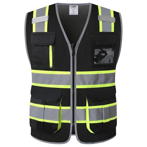 JKSafety 9 Pockets Hi-Vis Mesh Safety Vest for men and women | Chaleco reflectante de seguridad | Zipper Front | Multiple Pockets | Class 1 (140-Black XL) - color: Jk140-black, size: X-Large