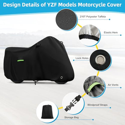Motorcycle Cover Waterproof for Yamaha R1 R3 R6 R7 R9, Heavy Duty Outdoor Sun Rain Snow UV Dust All Weather Protection Motorbike Cover with Soft Cotton Lining & Lock Hole - size: YZF R6