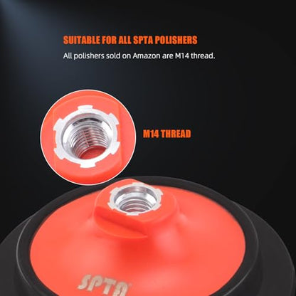 SPTA 2Pcs RO Rotary Flexible Backing Plate, Hoop-and-Loop Face PU Soft Backing Pad Used On Rotary Polisher Sander for Sanding Polishing Buffing Finishing (M14 Thread, Orange, 5Inch (125mm)) - size: 5Inch (125mm), style: M14 Thread