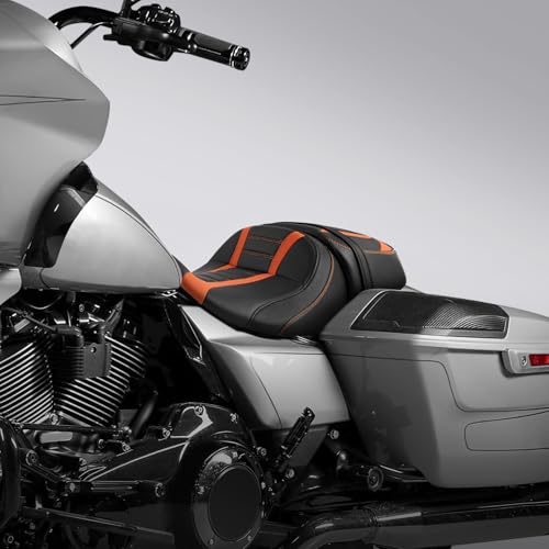 C.C. RIDER Low-Profile Rider&Passenger Seat Fit for Harley Touring 2023-2025 CVO Street Glide FLHXSE CVO Road Glide FLTRXSE 2024-2025 Street Glide FLHX Road Glide FLTRX FLTRXSTSE - size: 04# Black+ Orange Stitchs