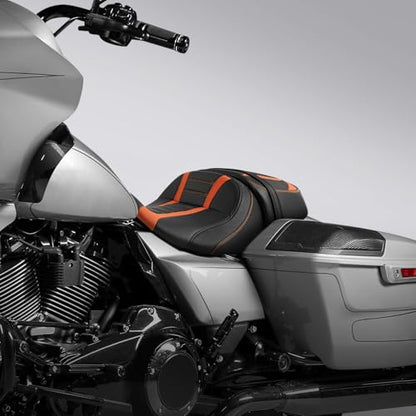C.C. RIDER Low-Profile Rider&Passenger Seat Fit for Harley Touring 2023-2025 CVO Street Glide FLHXSE CVO Road Glide FLTRXSE 2024-2025 Street Glide FLHX Road Glide FLTRX FLTRXSTSE - size: 04# Black+ Orange Stitchs