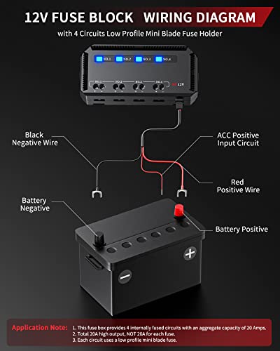 ELECTOP 12V Fuse Block, Universal 20A Motorcycle Automotive Fuse Block Fuse and Relay Box Kit with 4 Circuits Low Profile Mini Blade Fuse Holder, Battery Fuse Box Terminal Block for 12 Volt Vehicles