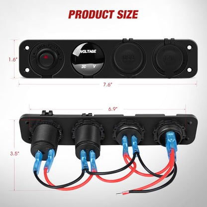 Nilight 4 in 1 ON/Off Charger Socket Panel Dual USB Power Outlet LED Voltmeter Cigarette Lighter Socket Lighted ON Off Rocker Toggle Switch for Truck Car Marine Boats RV,2 Years Warranty - color: Red