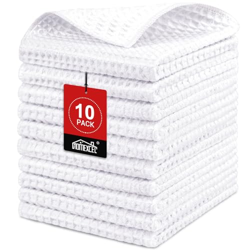 HOMEXCEL Waffle Weave Microfiber Towel, 10 Pack Lint Free Cleaning Rags, 12 x 12 Inches Barista Towels, Reusable Microfiber Cleaning Cloth for Household, Kitchen, Glass and Window, White - color: White