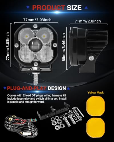 3 inch LED Light Pods for Offroad/Truck/Pickup/Motorcycle/UTV Super Bright Driving Lights 6000K White 2PCS(+DT Wiring Harness) - size: 3 inch White/Yellow