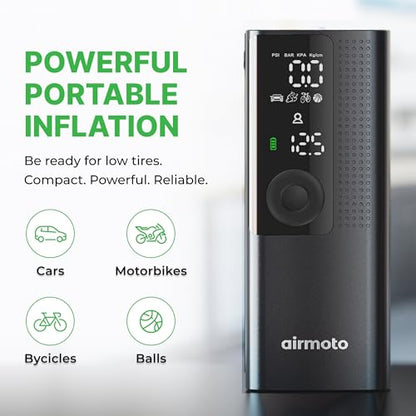 Airmoto and Carrying Case Bundle Deal - Tire Inflator Portable Air Compressor with Hard Case - Air Pump for Car Tires, Motorcycle, Bicycle - Cordless Tire Pump with Tire Pressure Gauge