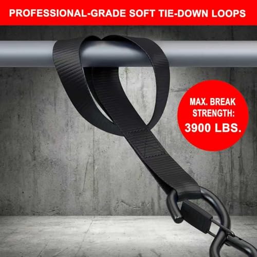 4 Pack Soft Loop Tie Down Straps, 3900 lbs Break Strength Heavy Duty Motorcycle Handlebar Straps for ATV, UTV, Dirt Bike, Trailer, Truck Bed, Kayak – Reliable Transport & Hauling