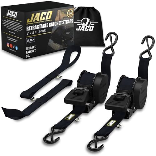 JACO Retractable Ratchet Straps - 1 in x 15 ft (2-Pack) (1,760lbs Break Strength) | Auto Self Retracting Cargo Tie Down Strap Set (Black) - color: Black, size: 2-Pack