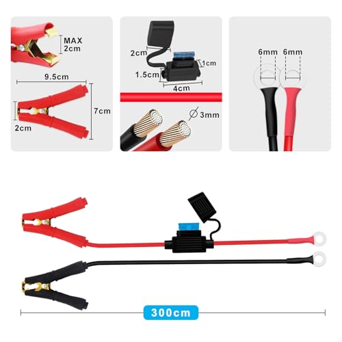 Battery Alligator Clip to O Ring with Fuse Battery Charger Clips to O Ring 12V 24V 14AWG 25A, Apply to Inverter, Motorcycle, Car, Solar Controller is Connected (3m / 9.8FT) - size: 3m / 9.8FT