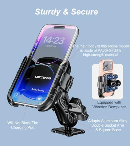 LOKTENWO Anti Vibration Phone Mount, 1s Lock & Release Phone Holder with Shock Dampener, Camera Friendly Aluminum AMPS Square Base Medium Arm for Car Motorcycle UTV Truck Boat, Fits 5.4"-7.2" Phones
