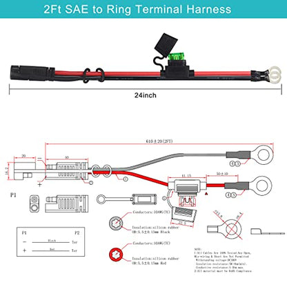 2FT SAE to O Ring Terminal Harness 10AWG - Eyelet O-Ring Terminal 10Gauge Harness with 30A Fuse,Battery Trickle Charger Cable for Motorcycle,SAE 2 Pin Connector Quick Connect/Disconnect Charging Cord - size: 1 PACK
