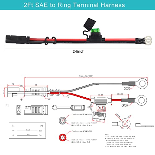 2FT SAE to O Ring Terminal Harness 10AWG - Eyelet O-Ring Terminal 10Gauge Harness with 30A Fuse,Battery Trickle Charger Cable for Motorcycle,SAE 2 Pin Connector Quick Connect/Disconnect Charging Cord - size: 1 PACK