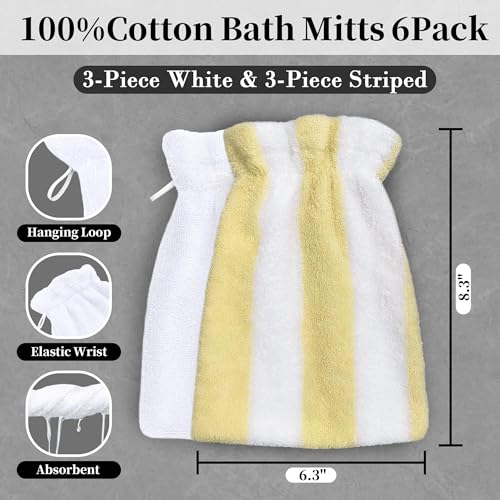 VOOVA & MOVAS Bath Washcloths 6-Pack, 8.3x6.3 Inch 100% Cotton Soft Absorbent Bath Mitt with Hanging Loop, European Style Wash Cloths for Shower & Bath, Yellow Stripe & White - color: Yellow Stripe&white