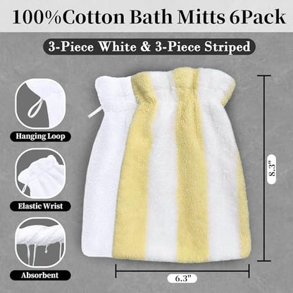 VOOVA & MOVAS Bath Washcloths 6-Pack, 8.3x6.3 Inch 100% Cotton Soft Absorbent Bath Mitt with Hanging Loop, European Style Wash Cloths for Shower & Bath, Yellow Stripe & White - color: Yellow Stripe&white