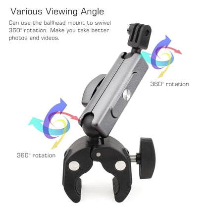 GEPULY Super Camera Clamp Mount for GoPro Insta360 - Aluminum Dual 360° Ball Head Magic Arm Adapters with 1/4''-20 Screw, Phone Tripod Holder Mount for Motorcycle Handlebar Fence Desk Tree Pole LED