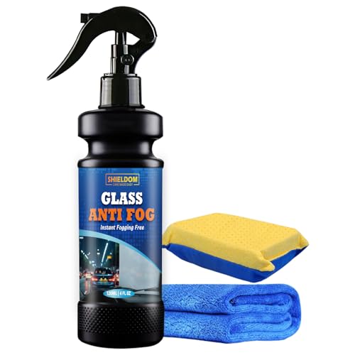 SHIELDOM Anti-Fog Spray for Glass Car Windshield Defogger Prevents Fogging of Interior Glass, Mirrors, Windows, Shower Door with Defogging & Cleaning Sponge, Towel 4oz/120ml