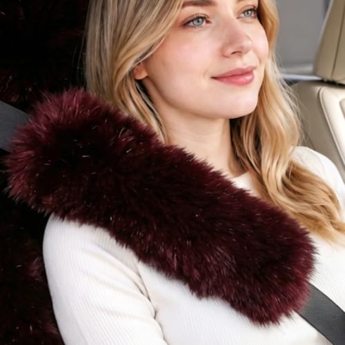 OGLAND Genuine Sheepskin Car Seat Belt Cover Pad-Soft Fuzzy Fluffy Seatbelt Covers-Comfy Shoulder Pad Neck Cushion Protector for Woman, Man, Girl Car Accessories (Long Wool Dark Red) - color: Long Wool Dark Red