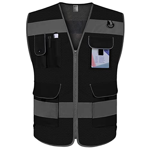 TCCFCCT Mesh Hi Vis Vest, 9 Pockets High Visibility Reflective Safety Vest for Men Women, Safety Construction Vest with Reflective Strips, Meets ANSI/ISEA Standards, (Black, Medium) - color: Black Mesh-bison 03, size: Medium