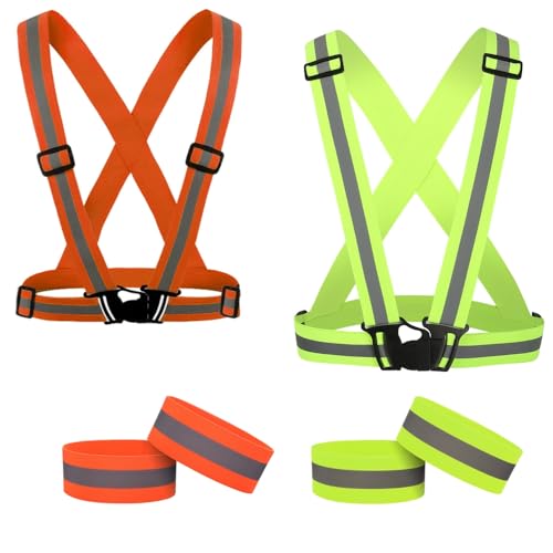 Running Reflective Vest Elastic Adjustable Reflective Vest 2 Pieces with 4 High-Visibility Reflective Belts for Nighttime Running Biking Motorcycle Dog Walking fits Men Women Kids - color: Orange-green
